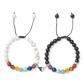 2Pcs 2 Style Natural & Synthetic Mixed Gemstone Braided Bead Bracelets Set, Alloy Magnetic Heart Couple Bracelets