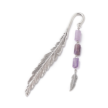 Tibetan Style Alloy Feather Bookmarks, Mixed Natural Gemstone Bead Pendant Bookmark
