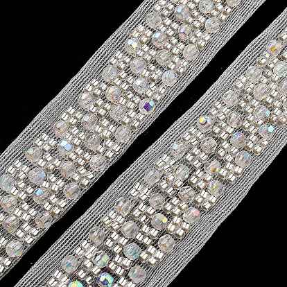 Polyester Lace Trims, with ABS Imitation Pearl Beads and Glass