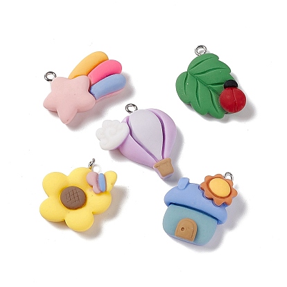 Opaque Resin Pendants, with Platinum Tone Iron Loops, Hot Air Balloon/House/Leaf/Sunflower/Meteor Pattern