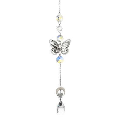 Glass Pendant Decorations, with Brass & Stainless Steel Findings, Butterfly & Teardrop