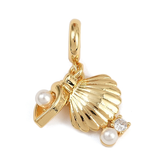 Латунные подвески из прозрачного кубического циркония в европейском стиле, подвески в форме ракушки с крупным отверстием и круглыми бусинами из искусственного жемчуга ABS, белые