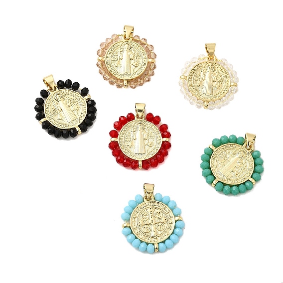 Латунь стекло кулоны, плоский круглый с амулетом в виде святого и креста, долговечный, без кадмия и без свинца, реальный 18 k позолоченный, граненые