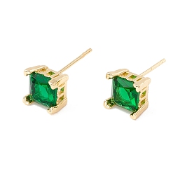 Green Cubic Zirconia Square Stud Earrings, Brass Jewelry for Women, Lead Free & Cadmium Free