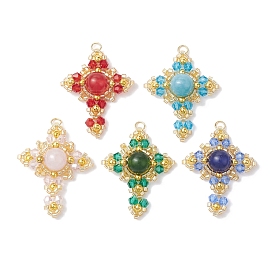 Natural Gemstone & Glass & Brass Beaded Pendants, Cross Charms, Golden