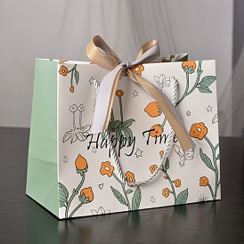 Flower Leaf Paper Gift Packaging Tote Bags, Rectangle Shopping Bags with Goldenrod & White Smoke Ribbon