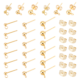 90Pcs 3 Style 304 Stainless Steel Ball Stud Earring Post, Earring Findings with Loop, with Ear Nut/Earring Backs