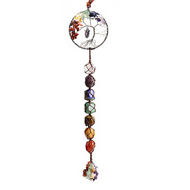 Grandes décorations pendentif thème chakra, tricot à la main avec breloque hibou, pompon de perles de pierres précieuses naturelles et de copeaux de pierre, plat et circulaire avec arbre de vie