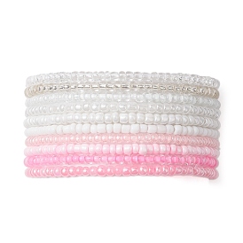 10Pcs Pink & White Rondelle Glass Seed Beaded Stretch Bracelet Sets, Stackable Bracelets for Women