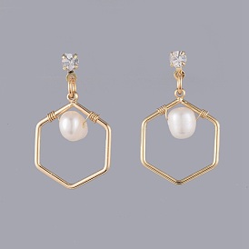 Natural Pearl Dangle Earrings, with Cubic Zirconia, Brass Stud Earring Findings, Plastic Ear Nuts and Cardboard Jewelry Set Boxes, Hexagon