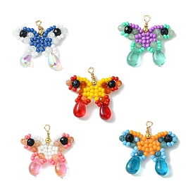 Beaded Butterfly Charms, Faceted Round Natural Gemstone & Synthetic Blue Goldstone & Glass Seed Beads Pendants, Golden