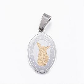 304 Stainless Steel Pendants, Flat Oval with Archangel Michael