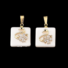 Shell Pearl Pendants, Square with Swan & Flower Charms, with Brass Micro Pave Clear Cubic Zirconia Findings & 304 Stainless Steel Snap on Bails