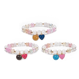 Glass Round Beaded Stretch Bracelet, Alloy Enamel Heart & Smiling Face Charm Bracelet for Women