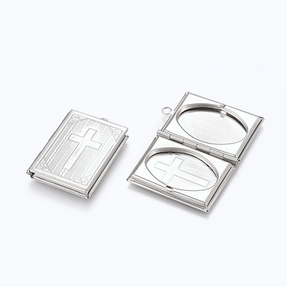 304 Stainless Steel Locket Pendants, Photo Frame Charms for Necklaces, Rectangle with Cross