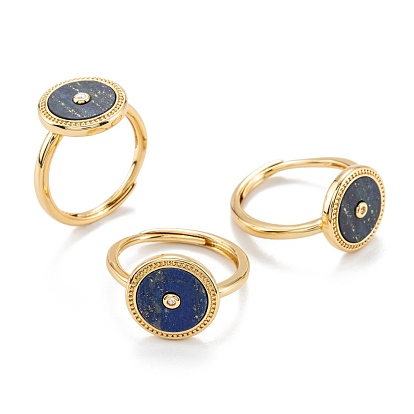 Adjustable Natural Mixed Gemstone Finger Rings, with Real 18K Gold Plated Brass Findings, Flat Round