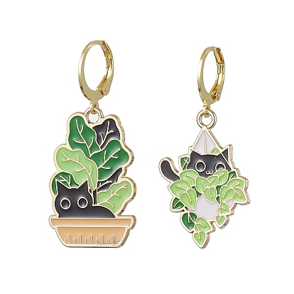 Alloy Enamel Hoop Earrings, with 304 Stainless Steel Leverback Earring Findings, Plant & Cat Shape