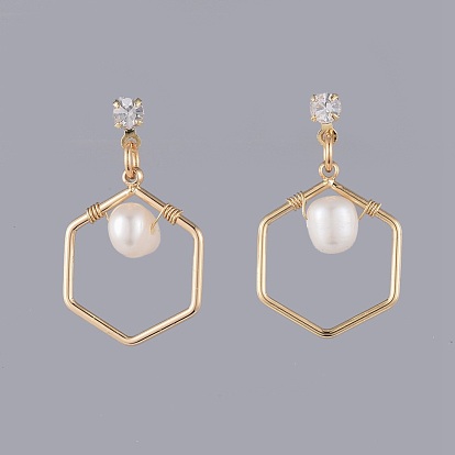 Natural Pearl Dangle Earrings, with Cubic Zirconia, Brass Stud Earring Findings, Plastic Ear Nuts and Cardboard Jewelry Set Boxes, Hexagon