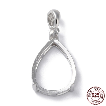 Rhodium Plated Rack Plating 925 Sterling Silver Pendants Cabochon Settings, Teardrop Prong Basket Setting, with 925 Stamp