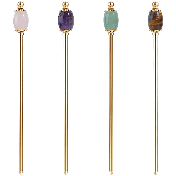 4Pcs Natural Tiger Eye & Natural Green Aventurine & Natural Amethyst & Natural Rose Quartz & Brass Hair Sticks, Barrel