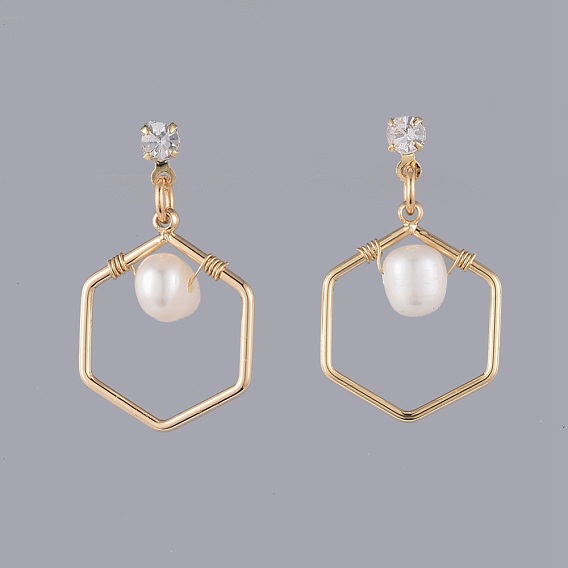 Natural Pearl Dangle Earrings, with Cubic Zirconia, Brass Stud Earring Findings, Plastic Ear Nuts and Cardboard Jewelry Set Boxes, Hexagon