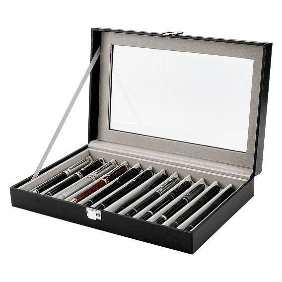 12 Grids Rectangle PU Leather Dustproof Pen Presentation Boxes with Visible Window Lid and Velvet Inside