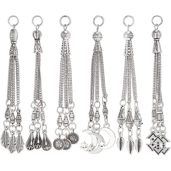 12 шт 6 стиль тибетский стиль сплав панцирная цепь кисточка большие подвески, Подвески в виде перьев, плоские круглые подвески, подвески в форме капли, подвески в форме луны и звезды.