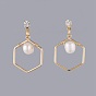 Natural Pearl Dangle Earrings, with Cubic Zirconia, Brass Stud Earring Findings, Plastic Ear Nuts and Cardboard Jewelry Set Boxes, Hexagon