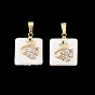 Shell Pearl Pendants, Square with Swan & Flower Charms, with Brass Micro Pave Clear Cubic Zirconia Findings & 304 Stainless Steel Snap on Bails
