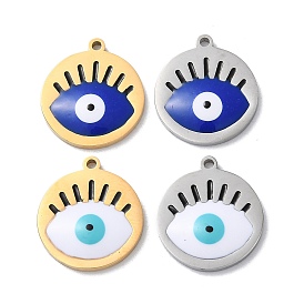 304 Stainless Steel Pendants, with Enamel, Flat Round with Evil Eye Pattern