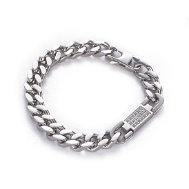 304 Stainless Steel Curb Chain Bracelets, with Lobster Claw Clasps and Alloy Rhinestone Findings