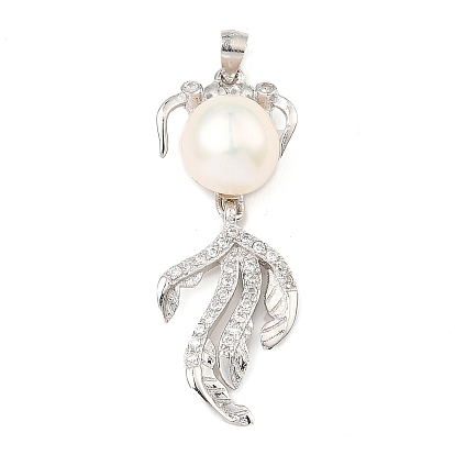 Rhodium Plated 925 Sterling Silver Pendants, with Cubic Zirconia and Natural Pearl Beads, Fish Charms, with S925 Stamp