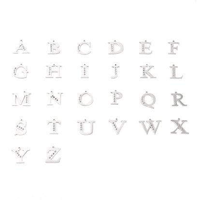 304 pendentif lettre en acier inoxydable sertis strass, alphabet, lettre a ~ z, couleur inox