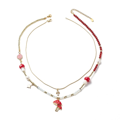 2 piezas 2 conjunto de collares con colgante de hongo de esmalte de aleación de estilo, collares apilables con cuentas de perlas naturales y piedras mixtas para mujer