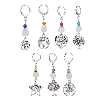 Tibetan Style Alloy Pendant Decorations, with Bicone Glass Beads and 304 Stainless Steel Leverback Earring Findings, Star/Heart/Flat Round with Tree of Life