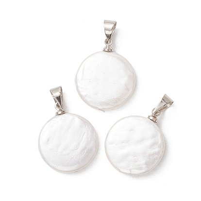 Оболочки жемчужина подвески, плоские круглые подвески с латунными защелками, белые