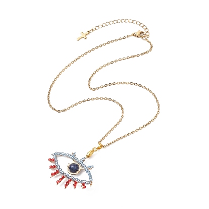 201 Stainless Steel Pendant Necklaces, Natural Lapis Lazuli and Glass Beads, 304 Stainless Steel Cable Chains