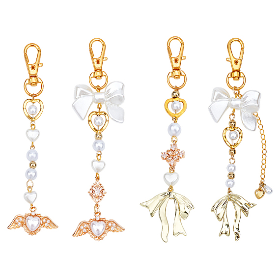 4шт. акриловые и АБС-пластиковые имитация жемчуга и эмали сплава и латунные подвесные украшения, с сплава шарнирного когтя омара застежками, сердце и лук