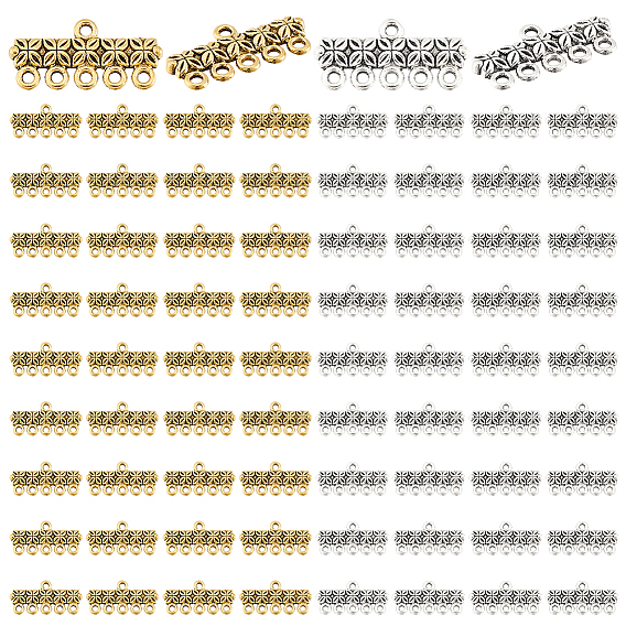 100шт 2 цвета тибетский стиль сплав звенья, без кадмия и без свинца, прямоугольник с цветочным соединителем