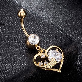 Brass Cubic Zirconia Navel Ring, Belly Rings, with 304 Stainless Steel Bar, Cadmium Free & Lead Free, Heart