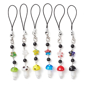 Handmade Lampwork Mushroom Mobile Straps, with Handmade Millefiori Glass Beads Mobile Accessories