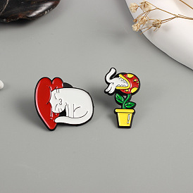 Jumping Heart White Cat & Carnivorous Flower Fashion Brooch Pin - Creative Cartoon Animal Design