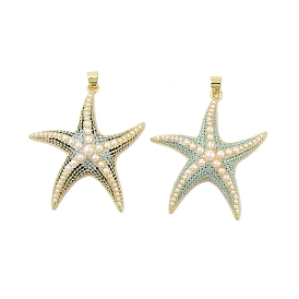 Rack Plating Brass Pave Cubic Zirconia Pendants, with ABS Plastic Pearl, Cadmium Free & Lead Free, Long-Lasting Plated, Real 18K Gold Plated, Starfish