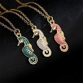 18K Gold Seahorse Pendant Necklace - Cute and Elegant, Colorful Oil Drip.