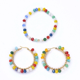 Glass Beads Jewelry Sets, Stretch Bracelets & 304 Stainless Steel Big Hoop Earrings, with Brass Beads, Golden
