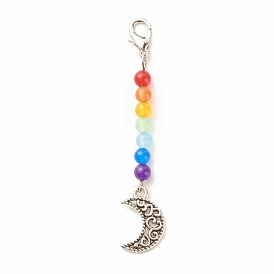 Chakra Theme Natural & Dyed Malaysia Jade Beaded Pendant Decorations, with Lobster Claw Clasps, Tibetan Style Alloy Pendants, Moon