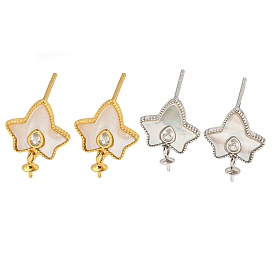 925 Sterling Silver Micro Pave Cubic Zirconia Stud Earrings Findings, with Shell Ginkgo, Maple Leaf