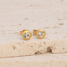 Плоские круглые 304 серьги-гвоздики из нержавеющей стали с прозрачными кубическими цирконами