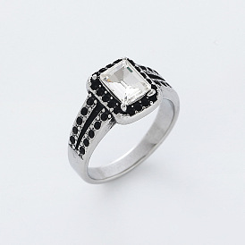 304 Stainless Steel Glass Finger Rings for Men, Rectangle, Wide Band Rings, Clear