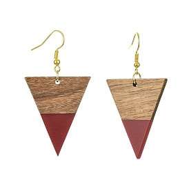 Resin & Walnut Wood Triangle Dangle Earrings, Golden Iron Long Drop Earrings